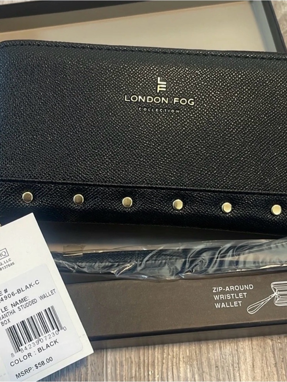 London Fog Black Studded Zip-Around Wristlet Wallet